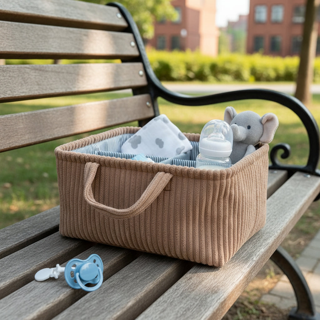 Panier rangement bebe modulable sur banc de parc