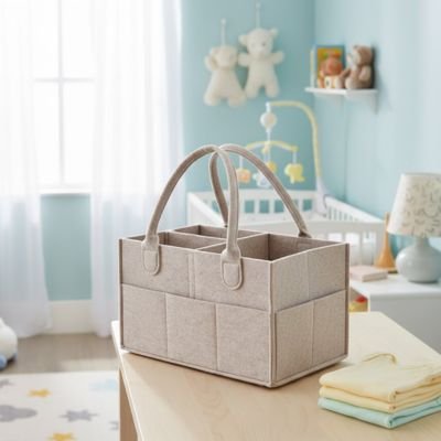 Panier rangement bebe multifonctionnel beige dans chambre d'enfant