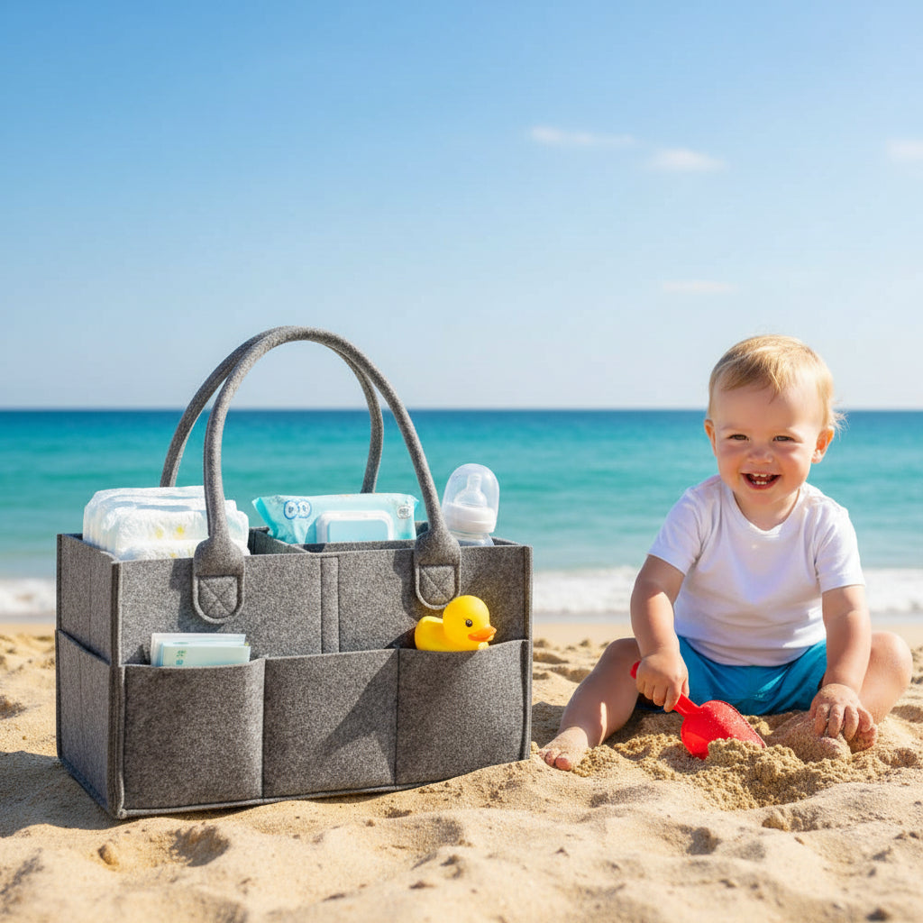 panier rangement bebe multifonctionnel  sur plage