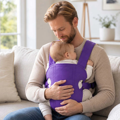 Père avec kangourou porte bebe brillance violet