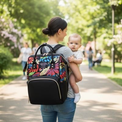Sac a dos maman multicolore fleuri noir