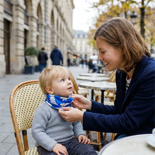 tour de cou enfant personnage imaginaire motif dino bleu